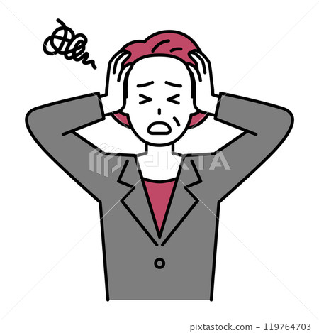 A middle-aged woman in a suit holding her head in worry 119764703