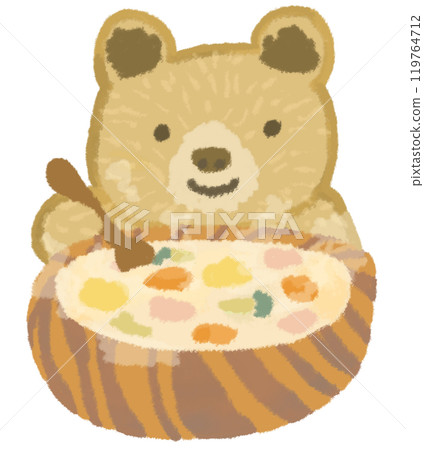 A bear eating hot stew from a wooden bowl A bear eating hot stew from a wooden bowl 119764712