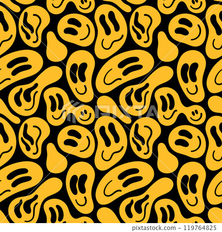 Various melting smileys. Lava lamp, water drops, drug trip style. Hand drawn abstract seamless pattern. Various melting smileys. Lava lamp, water drops, drug trip style. Hand drawn abstract seamless pattern. 119764825