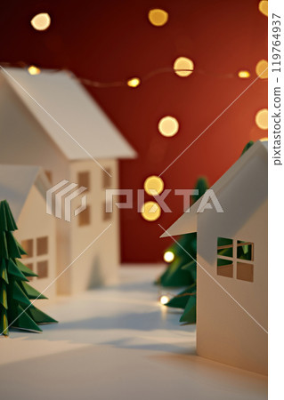 Template image with Christmas product display space, showcasing white paper houses placed side by side, next to green paper pines under the LED string lights, on the red background. Template image with Christmas product display space, showcasing white paper houses placed side by side, next to green paper pines under the LED string lights, on the red background. 119764937