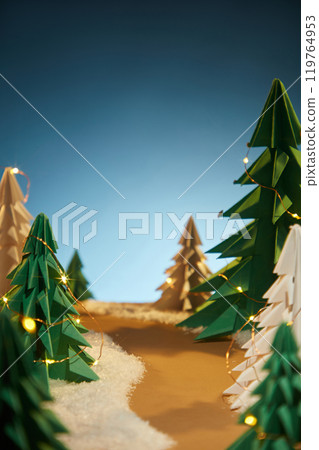 A Christmas landscape features various sized and colored paper pines, on a dark blue background, with a series of lights above. The ground is covered in snow in a vertical picture template. A Christmas landscape features various sized and colored paper pines, on a dark blue background, with a series of lights above. The ground is covered in snow in a vertical picture template. 119764953