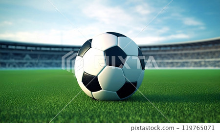 Close-up of a soccer ball rolling on the grass at a soccer field 119765071