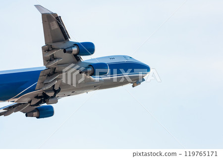 Taking off of the widebody transport cargo airplane and retracting the landing gear 119765171