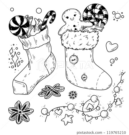 Hand drawn vector illustration with witch Befana flying on broomstick, stockings, Italian text Arriva la Befana, Befana arrives. Flat style design. Concept for Epiphany holiday card, poster, banner. Hand drawn vector illustration with witch Befana flying on broomstick, stockings, Italian text Arriva la Befana, Befana arrives. Flat style design. Concept for Epiphany holiday card, poster, banner. 119765210