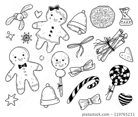 Vector illustration set of gingerbread cookies for Christmas in doodle hand drawn style. Vector illustration set of gingerbread cookies for Christmas in doodle hand drawn style. 119765211