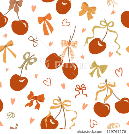 Coquette cherry, bows and ribbons seamless pattern. Cute Valentines day vector print. 119765276