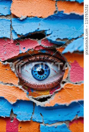 Conceptual representation of an eye looking through a small opening, secretly observing something 119765282