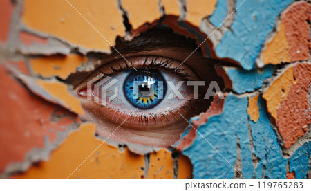 Conceptual representation of an eye looking through a small opening, secretly observing something 119765283
