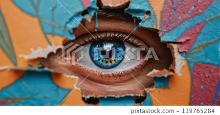 Conceptual representation of an eye looking through a small opening, secretly observing something 119765284