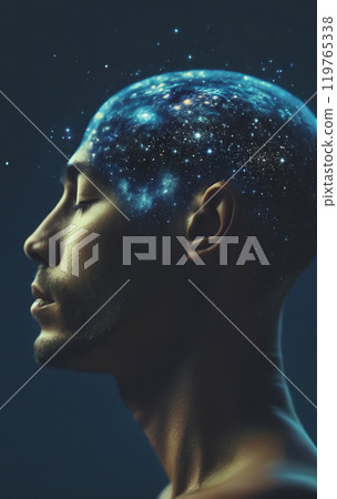 Conceptual depiction of a person absorbed in himself, reflecting with his thoughts on the origin of life in the universe, the meaning of its existence and the past and future 119765338