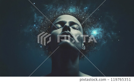Conceptual depiction of a person absorbed in himself, reflecting with his thoughts on the origin of life in the universe, the meaning of its existence and the past and future 119765351