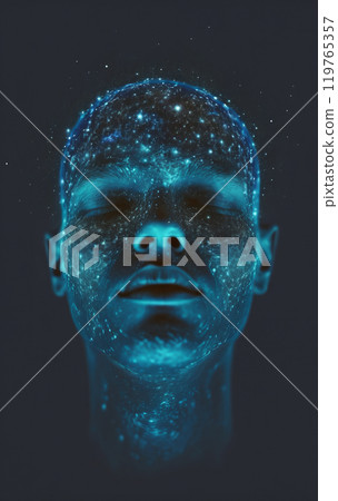 Conceptual depiction of a person absorbed in himself, reflecting with his thoughts on the origin of life in the universe, the meaning of its existence and the past and future 119765357
