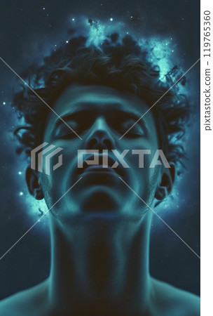 Conceptual depiction of a person absorbed in himself, reflecting with his thoughts on the origin of life in the universe, the meaning of its existence and the past and future 119765360
