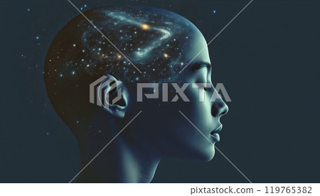 Conceptual depiction of a person absorbed in himself, reflecting with his thoughts on the origin of life in the universe, the meaning of its existence and the past and future 119765382