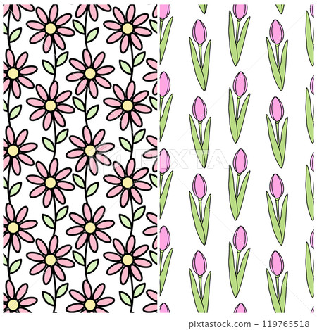 Blossom Daisies and tulips Seamless pattern in trendy soft soring shades. Spring background Set of 2 Blossom Daisies and tulips Seamless pattern in trendy soft soring shades. Spring background Set of 2 119765518