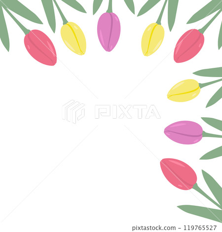 Tulips Top Corner frame border in trendy soft shades. Womens Day or Mothers Day greeting Template 119765527
