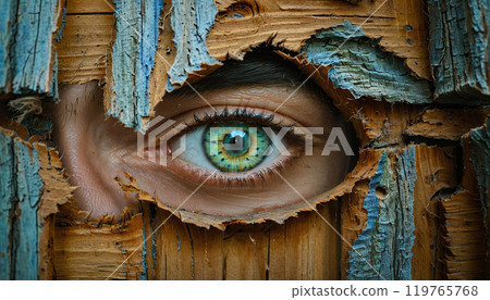 Conceptual representation of an eye looking through a small opening, secretly observing something 119765768
