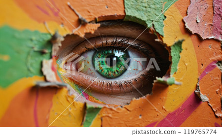 Conceptual representation of an eye looking through a small opening, secretly observing something 119765774