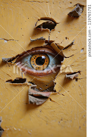 Conceptual representation of an eye looking through a small opening, secretly observing something 119765781
