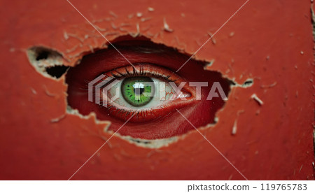 Conceptual representation of an eye looking through a small opening, secretly observing something 119765783