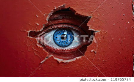 Conceptual representation of an eye looking through a small opening, secretly observing something 119765784
