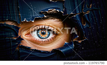Conceptual representation of an eye looking through a small opening, secretly observing something 119765790