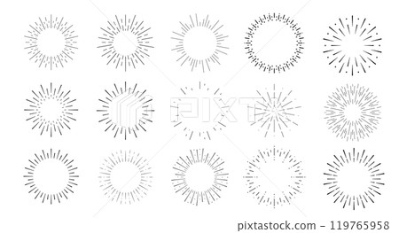 Sunburst firework line illustration. Black round icon. Vector drawings set. Radial frame. Sun ray circle Sunburst firework line illustration. Black round icon. Vector drawings set. Radial frame. Sun ray circle 119765958