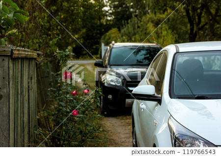 Side view of cars parked one after another on a country road, village street in twilight. Grey car window. A walk path going into a distance. Driveway 119766543