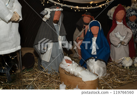 Christmas nativity scene Creche with Joseph Mary, Jesus and magi Christmas nativity scene Creche with Joseph Mary, Jesus and magi 119766560