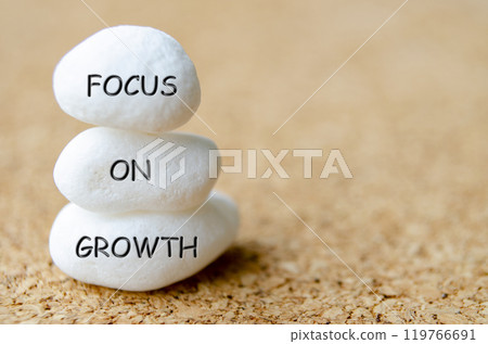 Focus on Growth text engraved on white stones. Strength and focus concept 119766691