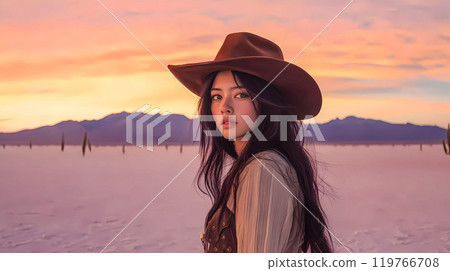 A beautiful young Mexican woman in national dress and suede brown hat stands in the middle of the desert at sunset. Dreamy young brunette beauty girl. This is AI-generated item A beautiful young Mexican woman in national dress and suede brown hat stands in the middle of the desert at sunset. Dreamy young brunette beauty girl. This is AI-generated item 119766708