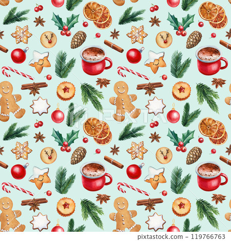 Festive seamless watercolor Christmas design. Hand-painted red car, cinnamon sticks and evergreen decor. Cozy holiday  119766763