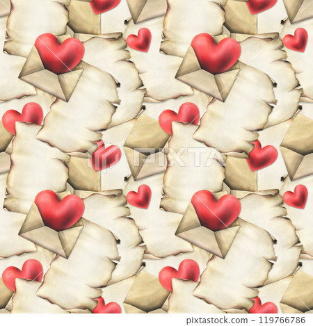 For Valentine's Day, are hearts, envelopes, letters. Hand drawn watercolor illustration. Seamless pattern. For Valentine's Day, are hearts, envelopes, letters. Hand drawn watercolor illustration. Seamless pattern. 119766786