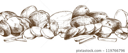 Potatoes whole, half, cut, peeled and wedges seamless border. Graphic illustration hand drawn in brown ink. EPS vector on the theme of harvest cooking, food, packaging, vegetable shop design Potatoes whole, half, cut, peeled and wedges seamless border. Graphic illustration hand drawn in brown ink. EPS vector on the theme of harvest cooking, food, packaging, vegetable shop design 119766796