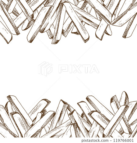Potato slices, peeled, long french fry sticks, a bunch square frame template. Graphic illustration hand drawn in brown ink. EPS vector on the theme of harvest cooking, food, packaging, vegetable shop Potato slices, peeled, long french fry sticks, a bunch square frame template. Graphic illustration hand drawn in brown ink. EPS vector on the theme of harvest cooking, food, packaging, vegetable shop 119766801