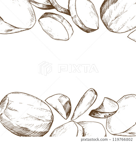 Potatoes, peeled, whole, half, cut into slices square frame template. Graphic illustration hand drawn in brown ink. EPS vector on the theme of harvest cooking, food, packaging, vegetable shop design. 119766802