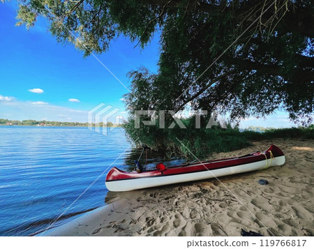 Boat floating on the beach 119766817