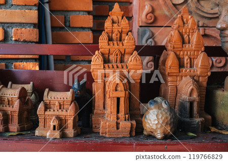 Clay figurines and statuettes of Po Nagar Cham Towers in souvenir shop in Nha Trang in Vietnam 119766829