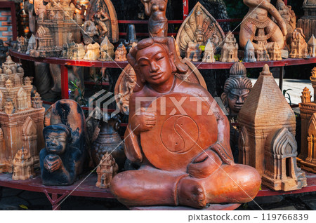 Buddhist religious clay figurines and pottery on Po Nagar Cham Towers in Nha Trang in Vietnam 119766839