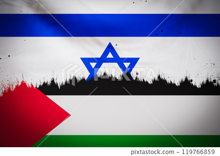 Israeli and Palestinian flags, symbolizing conflict and division. The graphic emphasizes cultural contrasts and unresolved tensions, providing a visually impactful portrayal of complex relations. 3D. Israeli and Palestinian flags, symbolizing conflict and division. The graphic emphasizes cultural contrasts and unresolved tensions, providing a visually impactful portrayal of complex relations. 3D. 119766859