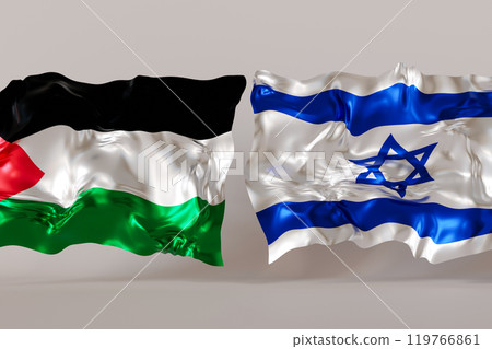 Israeli and Palestinian flags on gray background. Image represents complex relationship, emphasizing themes of diplomacy unity and cultural identity. Situation between Israel and Palestine. 3D render. Israeli and Palestinian flags on gray background. Image represents complex relationship, emphasizing themes of diplomacy unity and cultural identity. Situation between Israel and Palestine. 3D render. 119766861