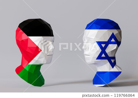 Conceptual image representing Israeli-Palestinian conflict, with two polygonal heads facing each other, one with Palestinian and other with Israeli flag. Confrontation, cultural identity, diplomacy. Conceptual image representing Israeli-Palestinian conflict, with two polygonal heads facing each other, one with Palestinian and other with Israeli flag. Confrontation, cultural identity, diplomacy. 119766864