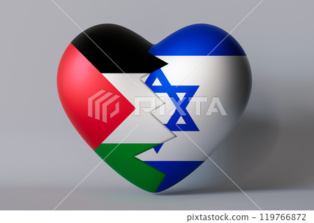 Heart divided into two parts, featuring the Palestinian and Israeli flags, representing emotional divide yet intertwined connection between two nations. Statement on peace, unity, conflict resolution. Heart divided into two parts, featuring the Palestinian and Israeli flags, representing emotional divide yet intertwined connection between two nations. Statement on peace, unity, conflict resolution. 119766872