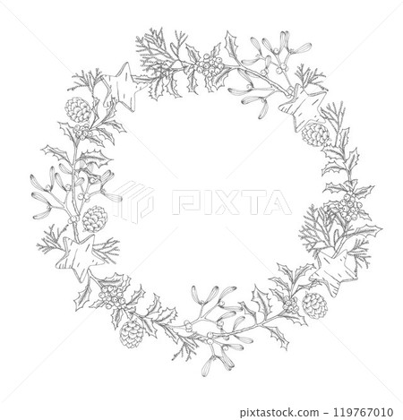 Isolated festive hand drawn Christmas wreath with star ornaments, holly berries, pinecones. Cedar tree branches and mistletoe. Holiday decor sketch engraving, hand drawn vector illustration, line art Isolated festive hand drawn Christmas wreath with star ornaments, holly berries, pinecones. Cedar tree branches and mistletoe. Holiday decor sketch engraving, hand drawn vector illustration, line art 119767010