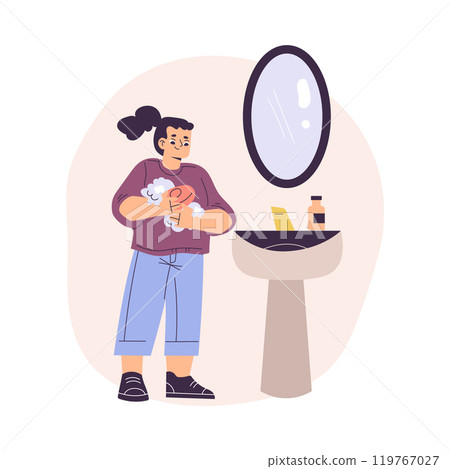 Personal Care with Girl Character Wash Hands with Soap Enjoy Grooming Procedure Vector Illustration Personal Care with Girl Character Wash Hands with Soap Enjoy Grooming Procedure Vector Illustration 119767027