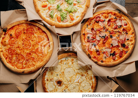 Delicious assortment of pizzas with various toppings, perfect for sharing and pizza night gatherings Delicious assortment of pizzas with various toppings, perfect for sharing and pizza night gatherings 119767034