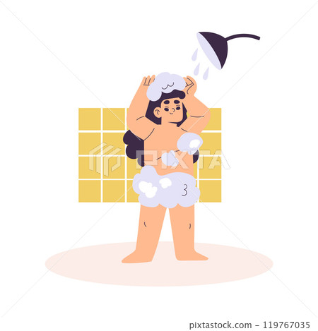 Personal Care with Girl Character Take Shower Enjoy Grooming Procedure Vector Illustration Personal Care with Girl Character Take Shower Enjoy Grooming Procedure Vector Illustration 119767035