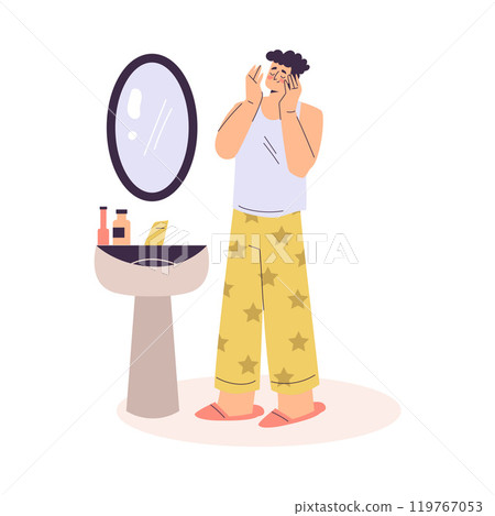 Personal Care with Man Character Standing at Mirror Enjoy Grooming Procedure Vector Illustration 119767053