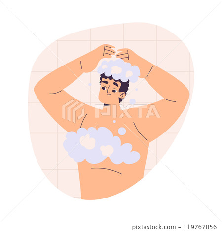 Personal Care with Man Character Take Shower with Foam Enjoy Grooming Procedure Vector Illustration Personal Care with Man Character Take Shower with Foam Enjoy Grooming Procedure Vector Illustration 119767056