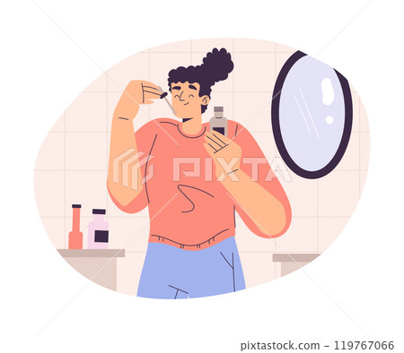 Personal Care with Woman Character with Essential Oil Enjoy Grooming Procedure Vector Illustration 119767066